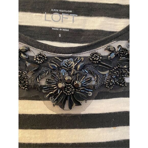 Loft women’s black and white striped tee with sequin floral detail size small ￼ - Picture 3 of 4